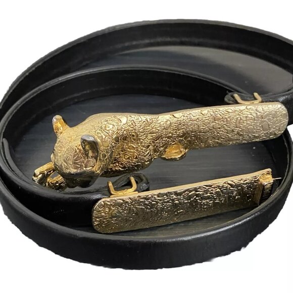 Original St. John Hammered Gold Panther Buckle Black Leather Belt Adj… - Picture 1 of 16